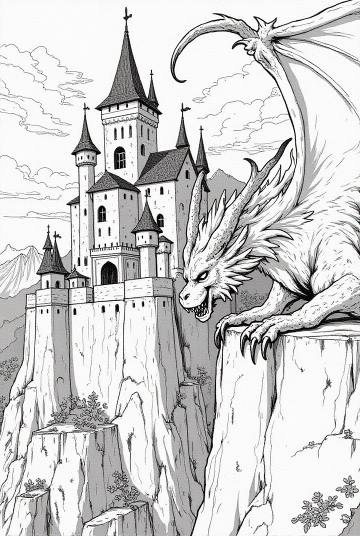 Coloriage un dragon fÃ©roce garde le chÃ¢teau