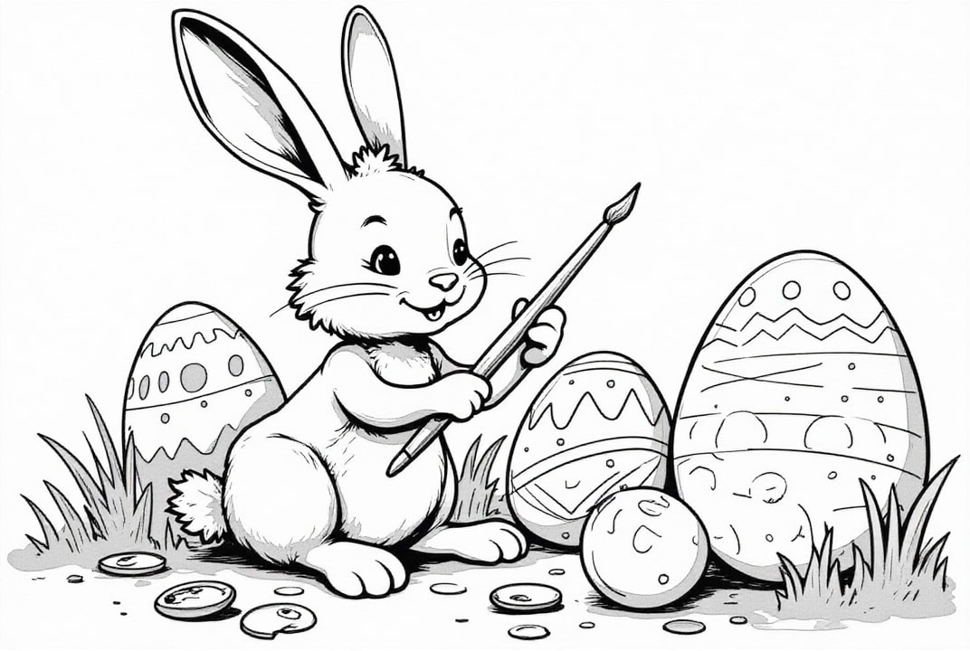 Coloriage Le lapin de PÃ¢ques peint un Åuf