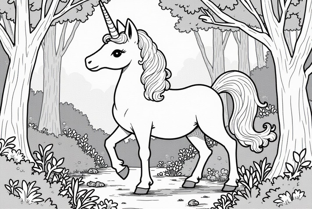 Coloriage licorne dans la forêt