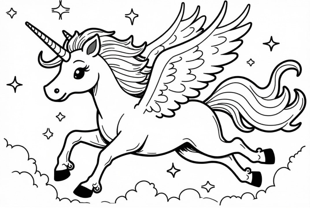 Coloriage licorne dans la nuit étoilée