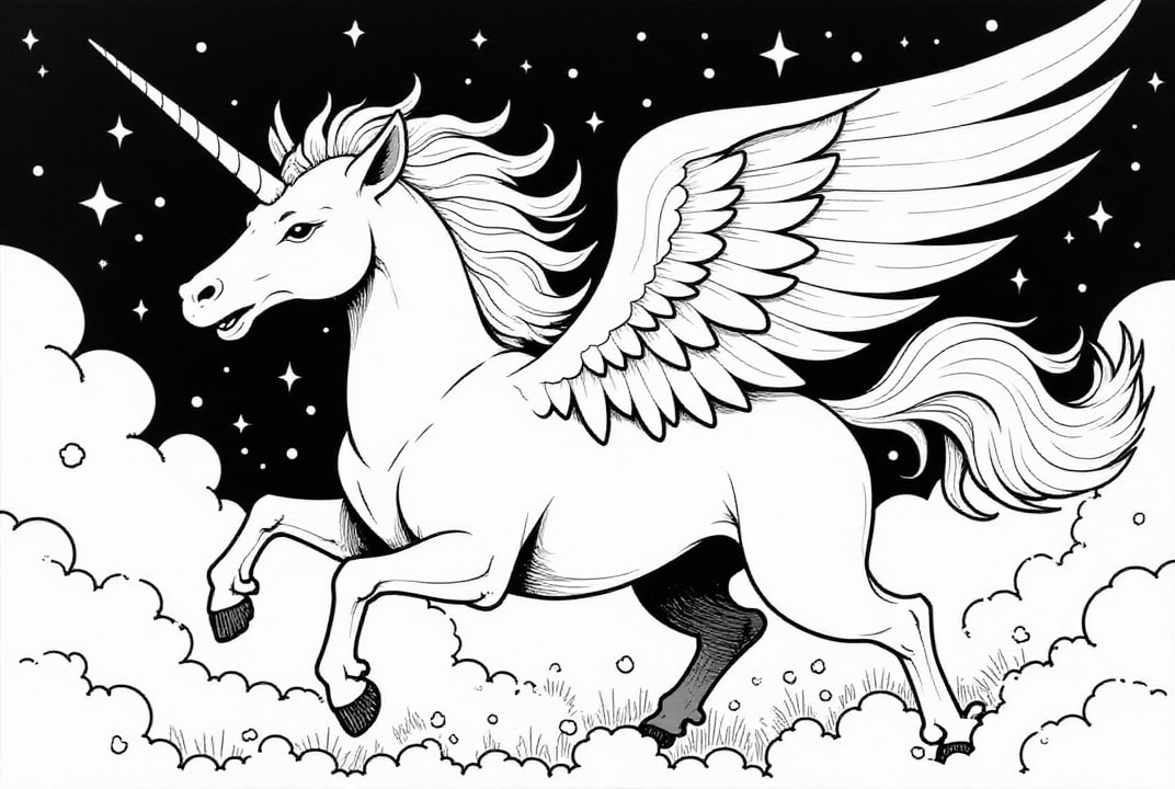 Coloriage licorne dans la nuit