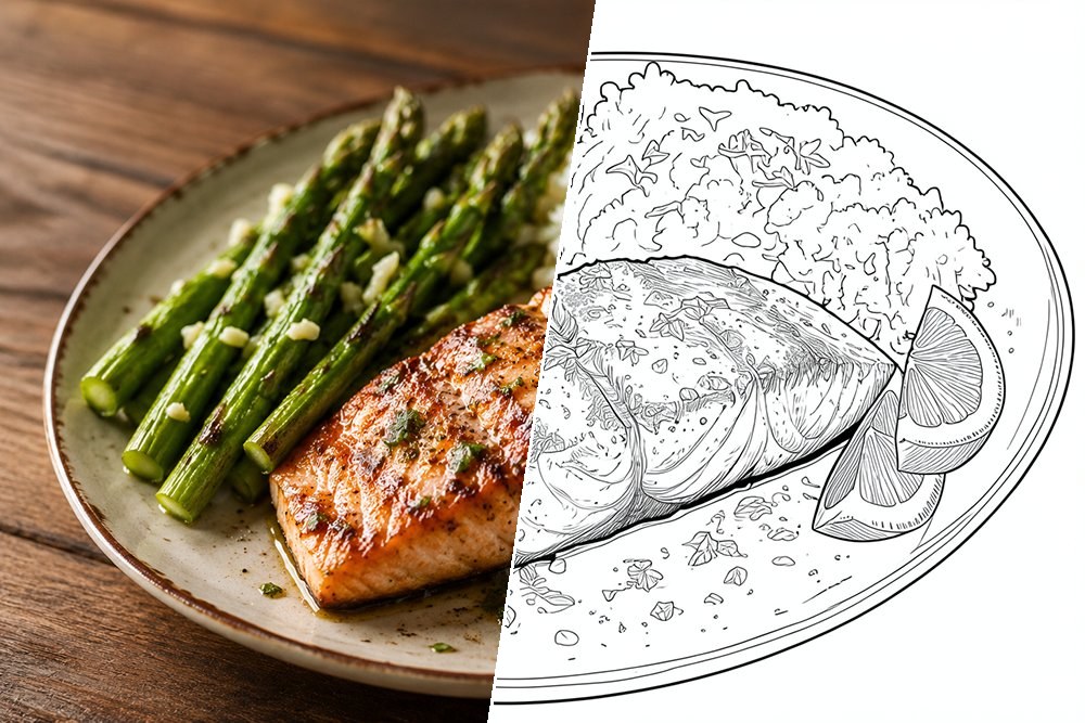 Photo d'un plat transformée en coloriage