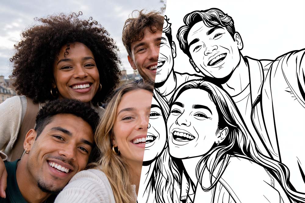 Photo de groupe entre amis transformée en coloriage
