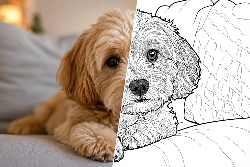 Photo d'un chien transformée en coloriage