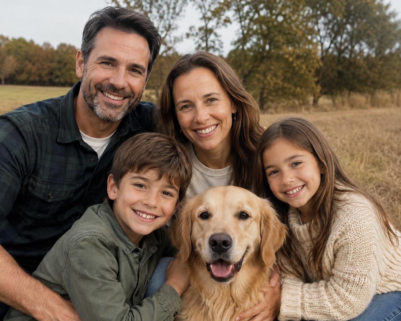 Photo couleur originale d'une famille avec un chien
