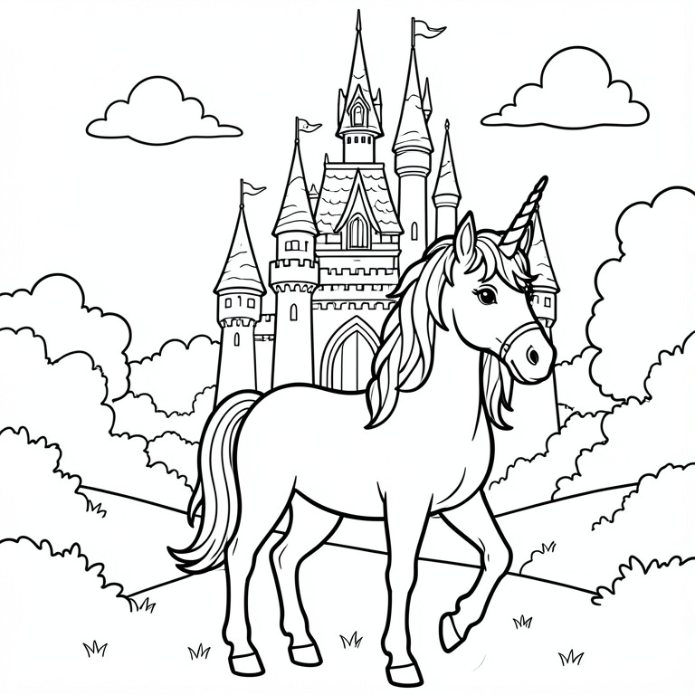 Coloriage licorne et château