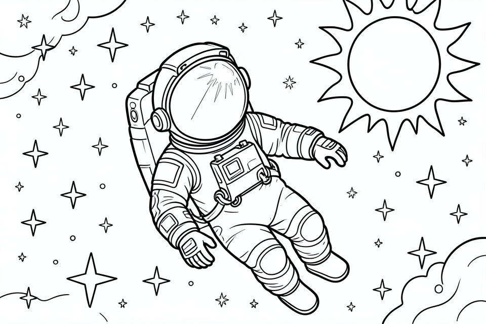 Coloriage astronaute dans l'espace avec les A©toiles et le soleil