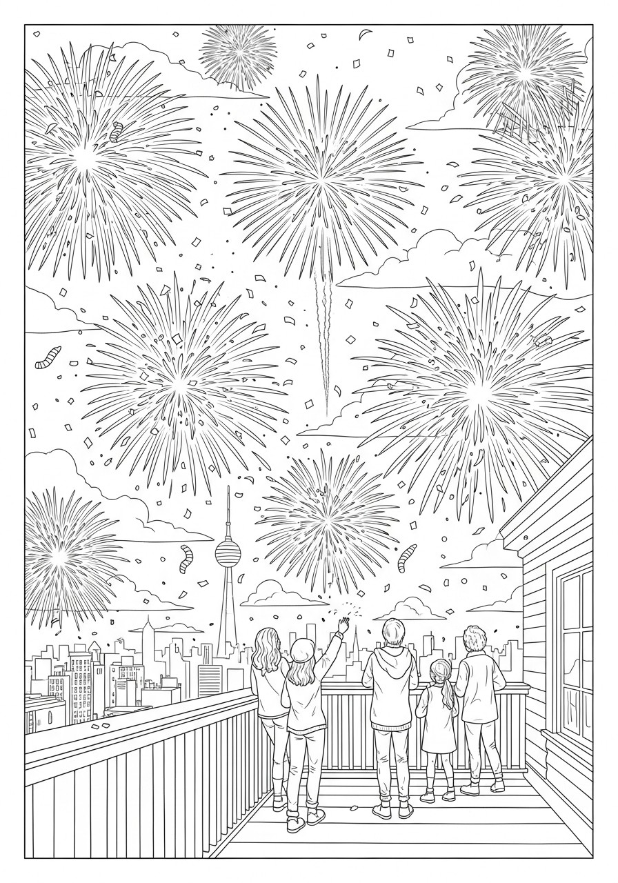Coloriage cA©lA©brer le nouvel an avec des feux d'artifice