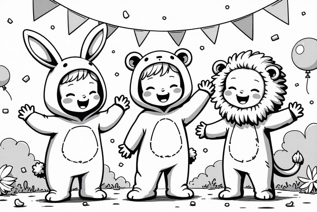 carnaval avec le lion, le lapin et l'ours Coloriage carnaval avec le lion, le lapin et l'ours