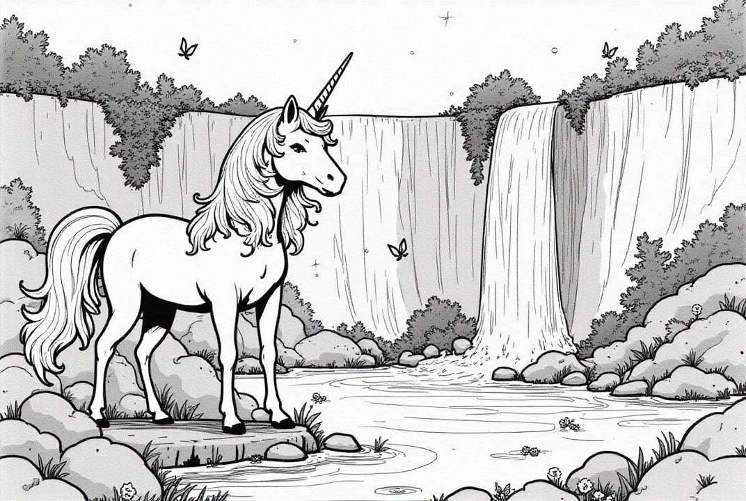 cascade avec licorne Coloriage cascade avec licorne