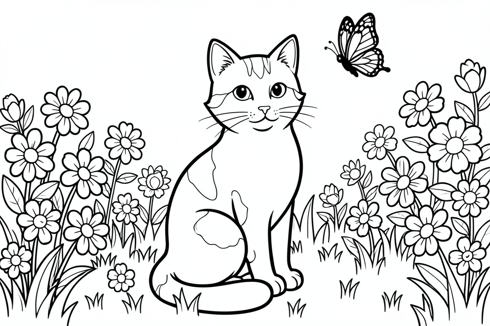 chat dans le jardin Coloriage chat dans le jardin