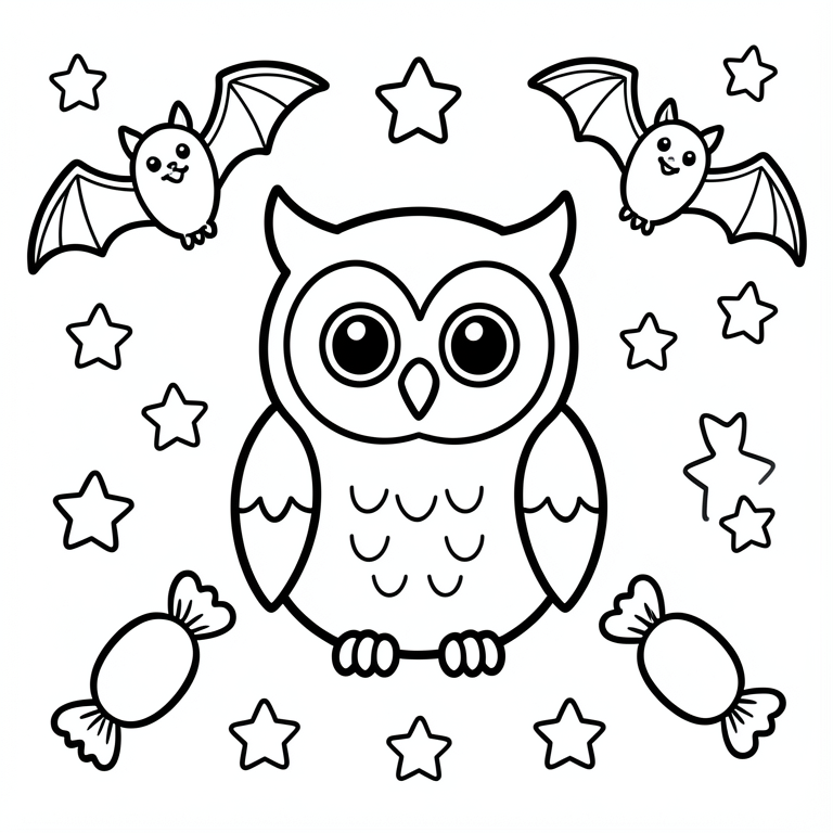 chouette mignonne avec des chauves-souris Coloriage chouette mignonne avec des chauves-souris