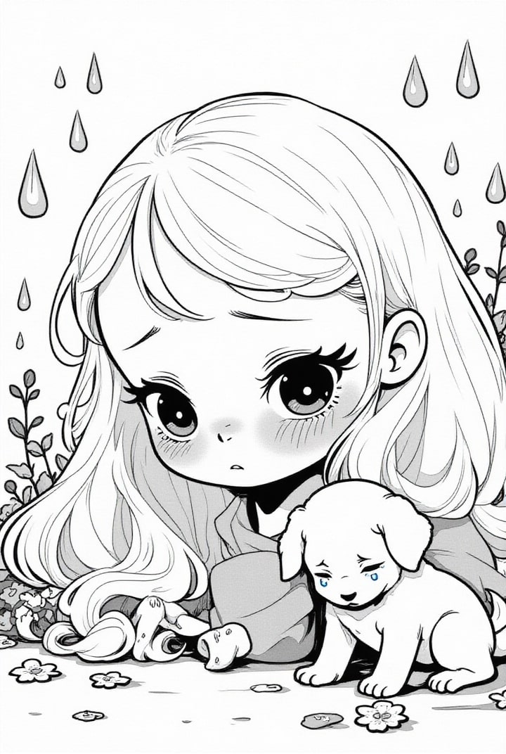 Coloriage fille triste avec un chien