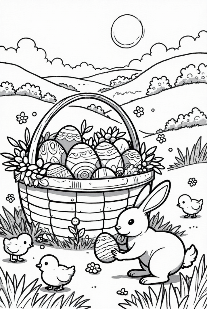 Coloriage lapin de pA¢ques avec panier de pA¢ques