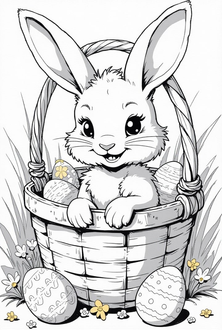 Coloriage lapin de pA¢ques dans le panier de pA¢ques