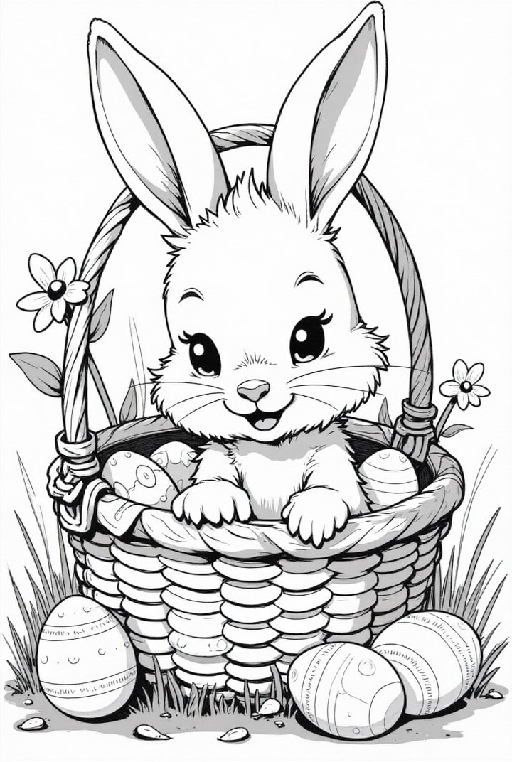 Coloriage lapin de pA¢ques dans le panier de pA¢ques