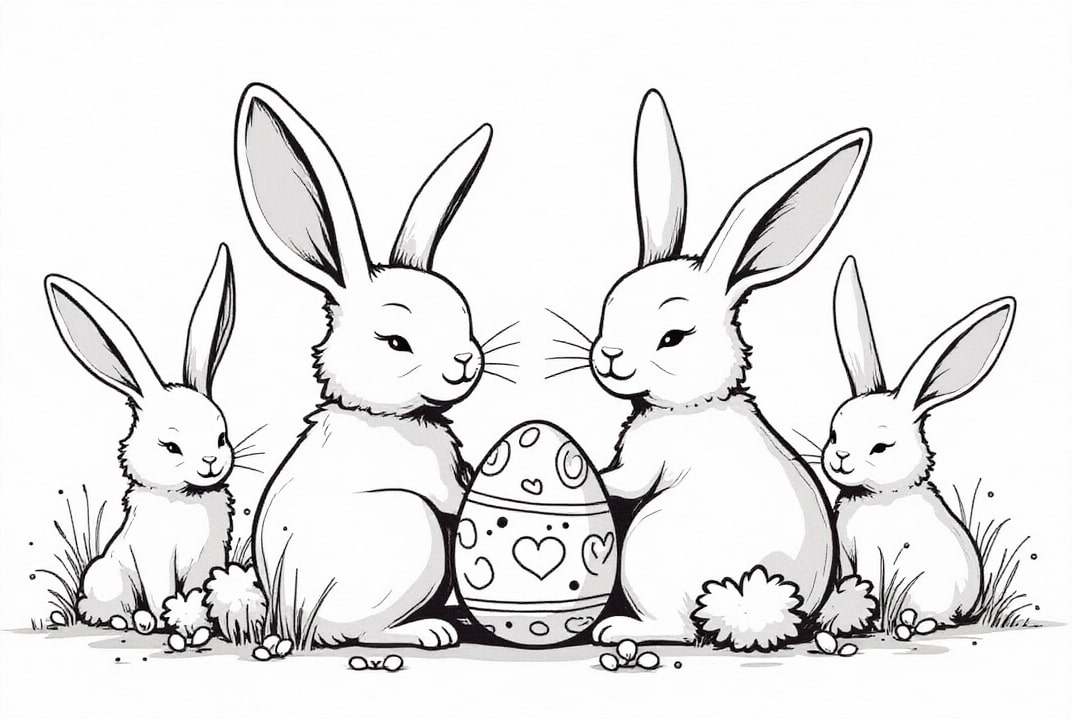 Coloriage lapins de pA¢ques dans le jardin