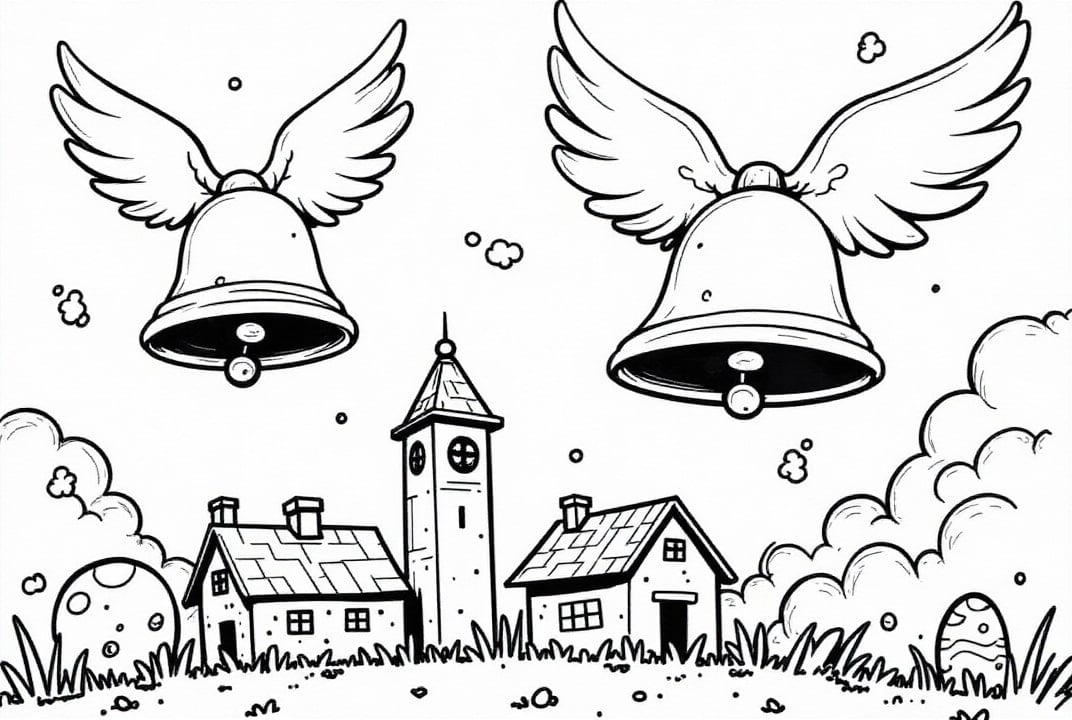 Coloriage les cloches de pA¢ques volent au-dessus du village