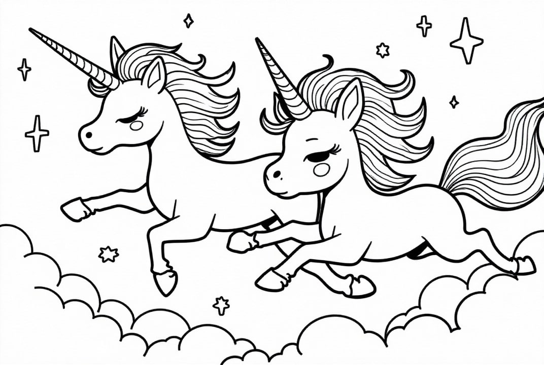 Coloriage les licornes volent dans la nuit