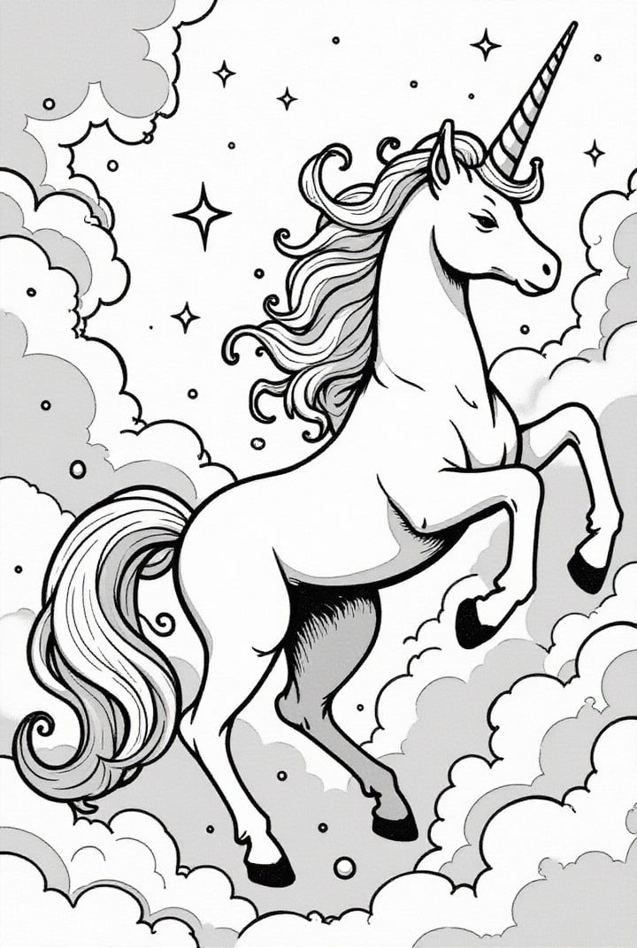 Coloriage licorne dans les nuages