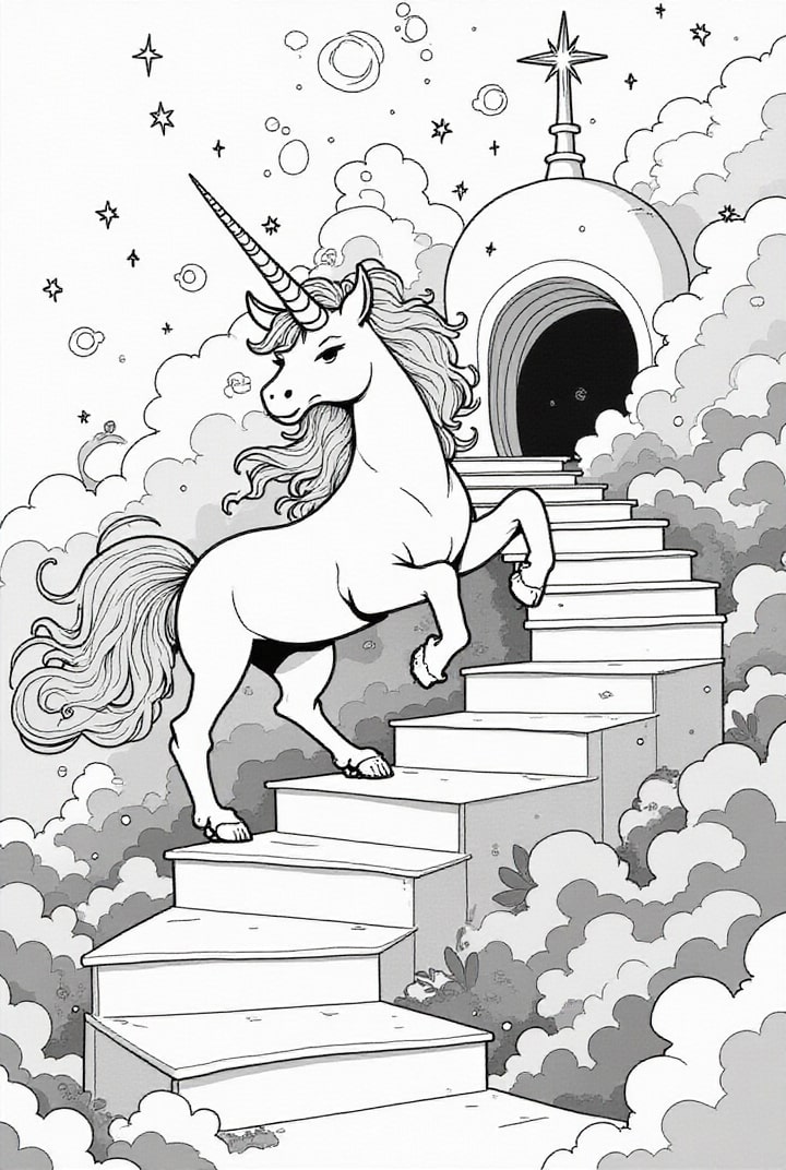 Coloriage licorne en route vers une grotte magique
