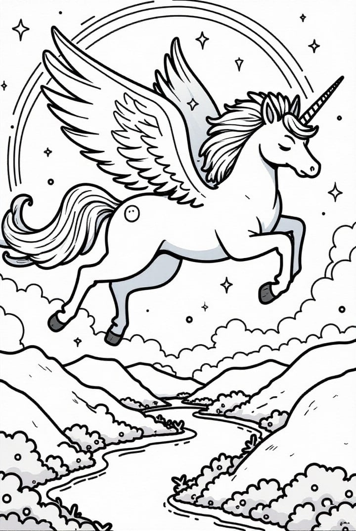 Coloriage licorne volant dans le ciel