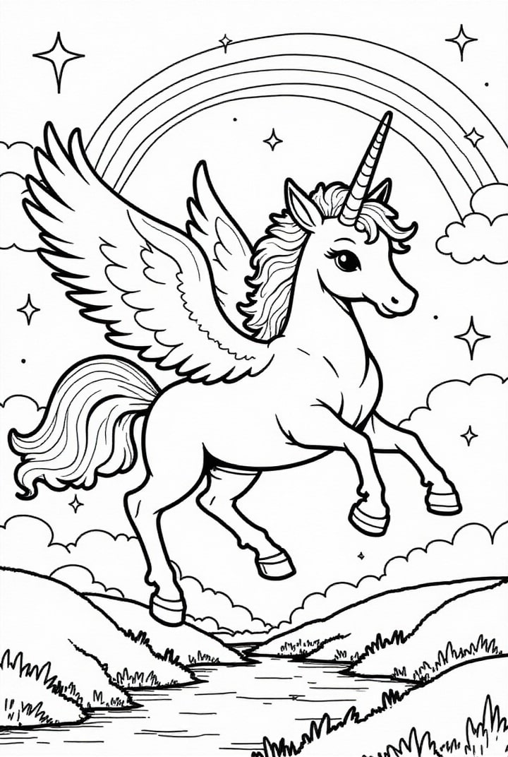 Coloriage licorne volant dans le ciel avec un arc-en-ciel
