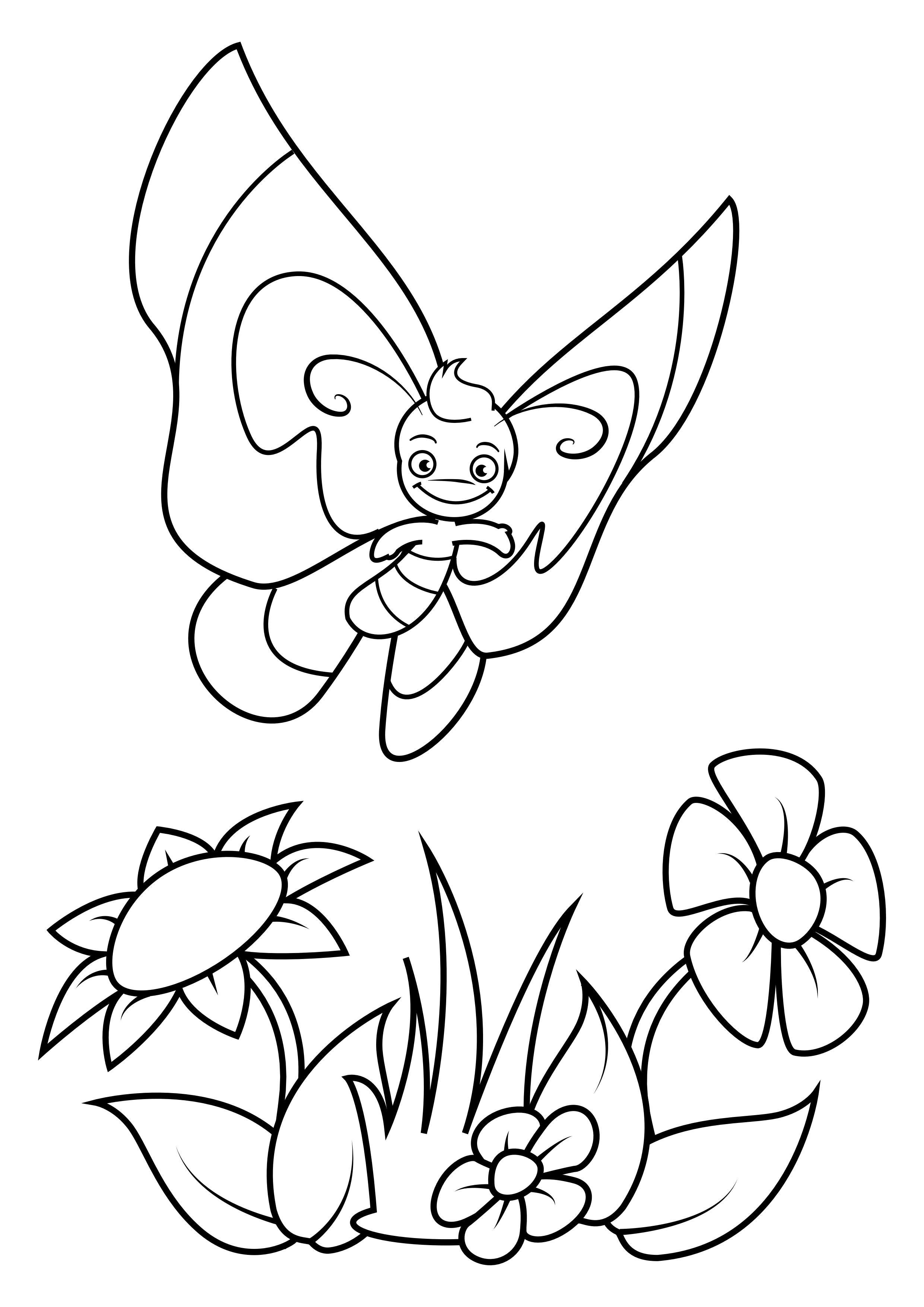 Coloriage papillon au-dessus des fleurs