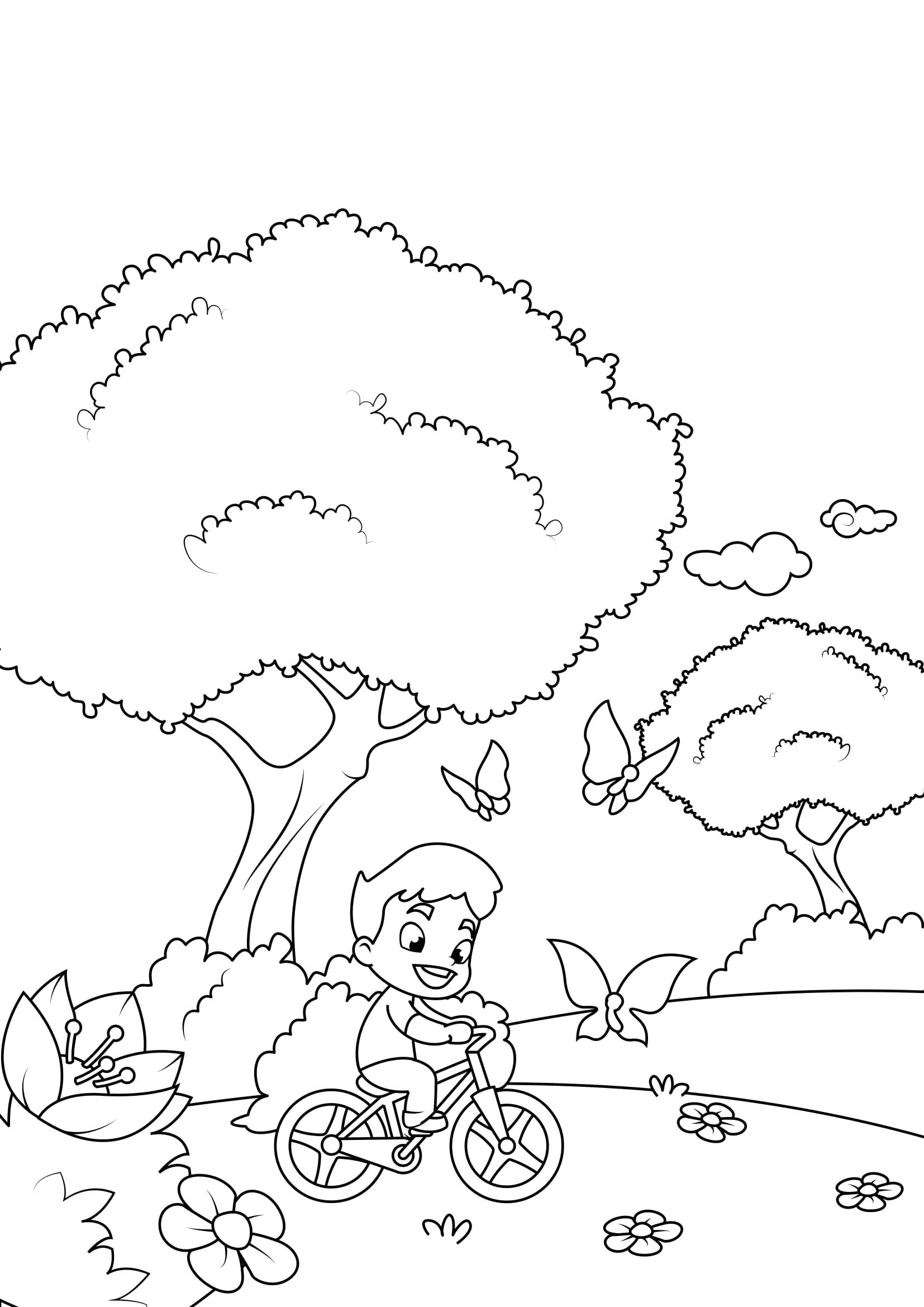 Coloriage printemps, vA©lo dans le jardin