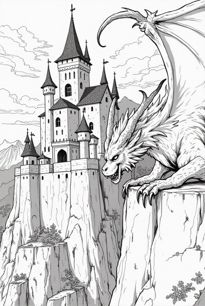 Coloriage un dragon fA©roce garde le chA¢teau