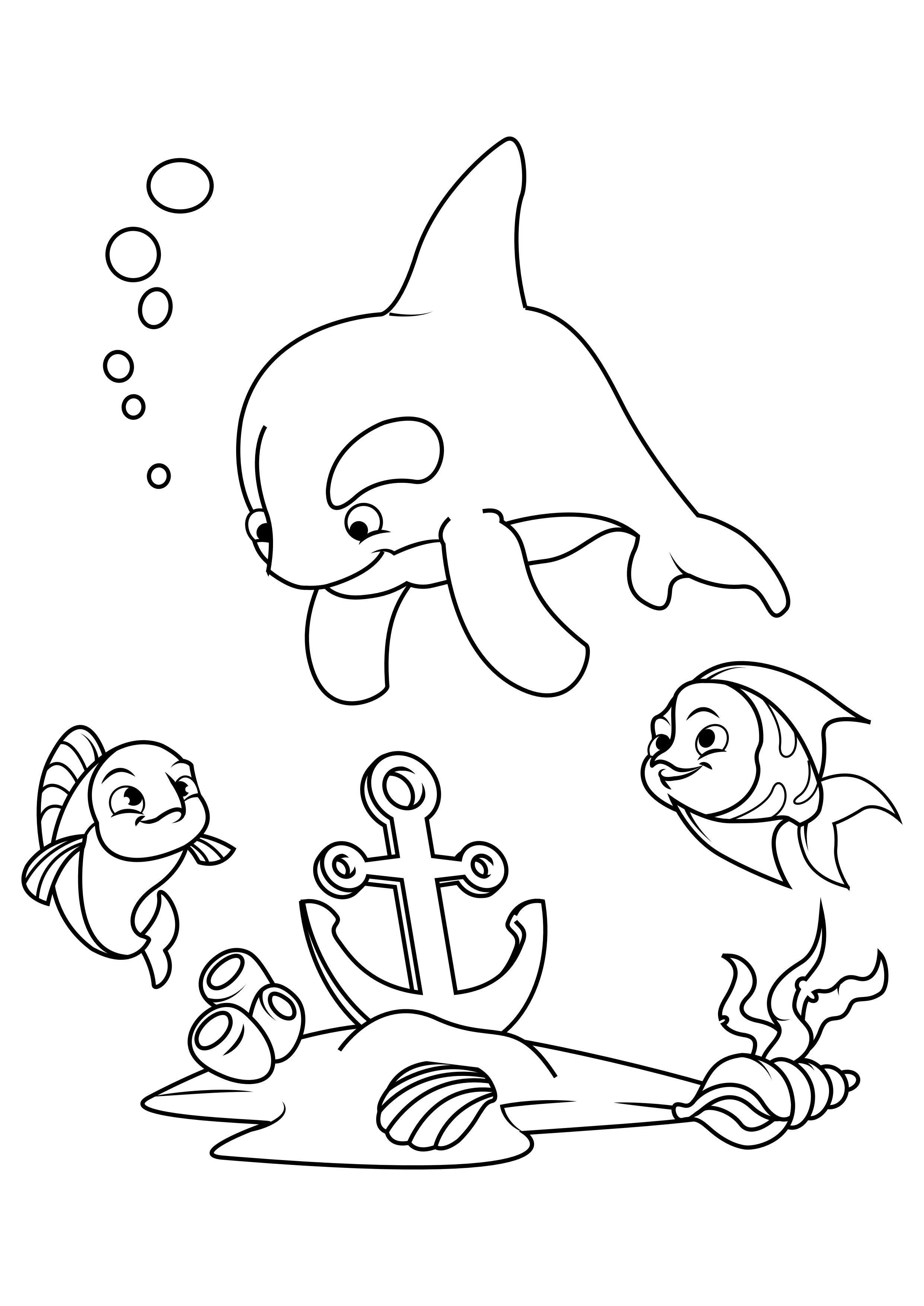 dauphin et poisson avec ancre Coloriage dauphin et poisson avec ancre