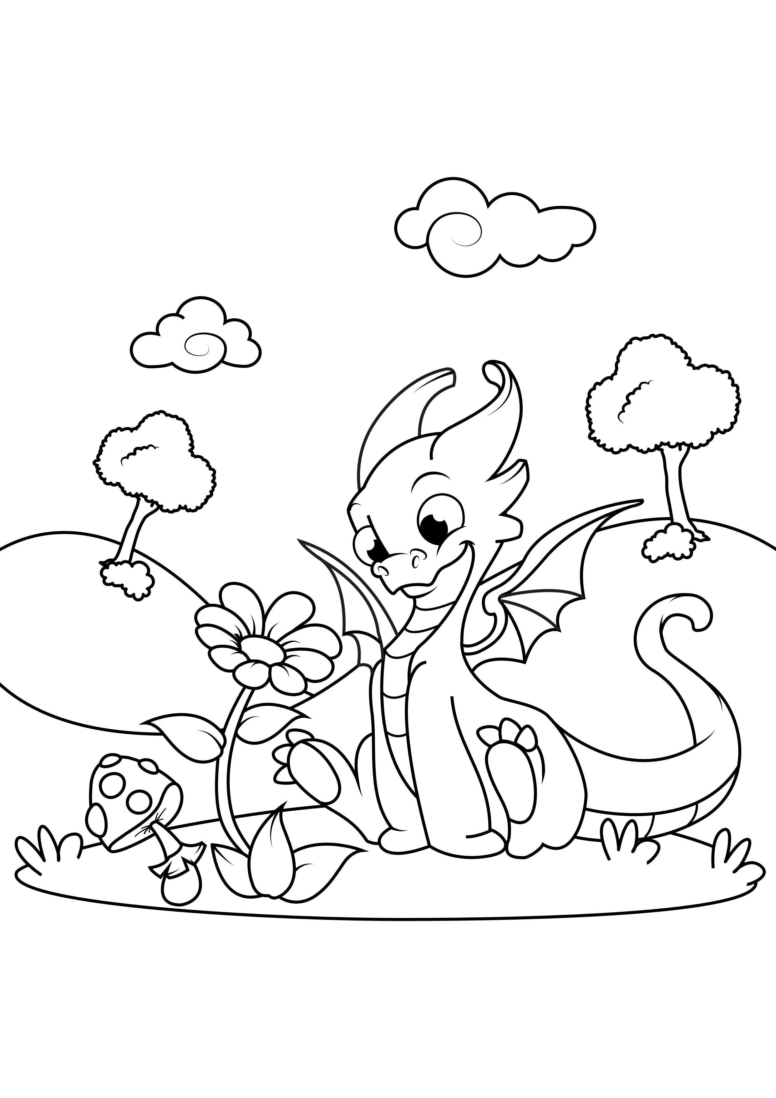 dragon avec fleur Coloriage dragon avec fleur