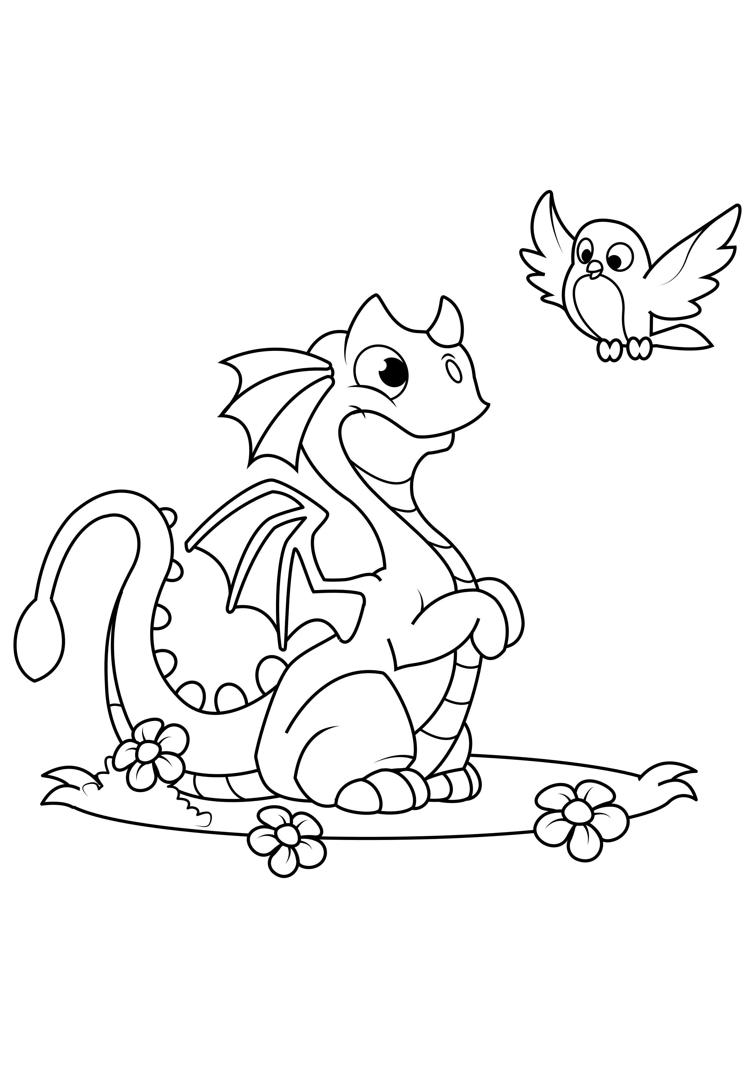 dragon avec oiseau Coloriage dragon avec oiseau