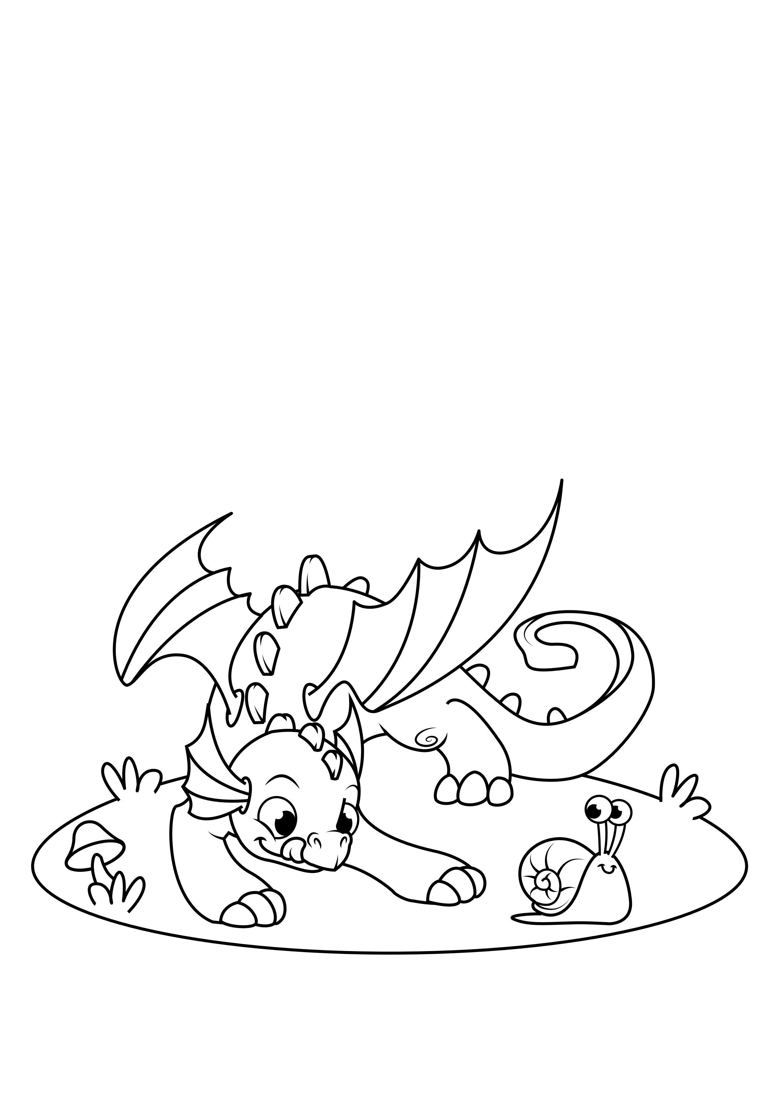 dragon joue avec l'escargot Coloriage dragon joue avec l'escargot