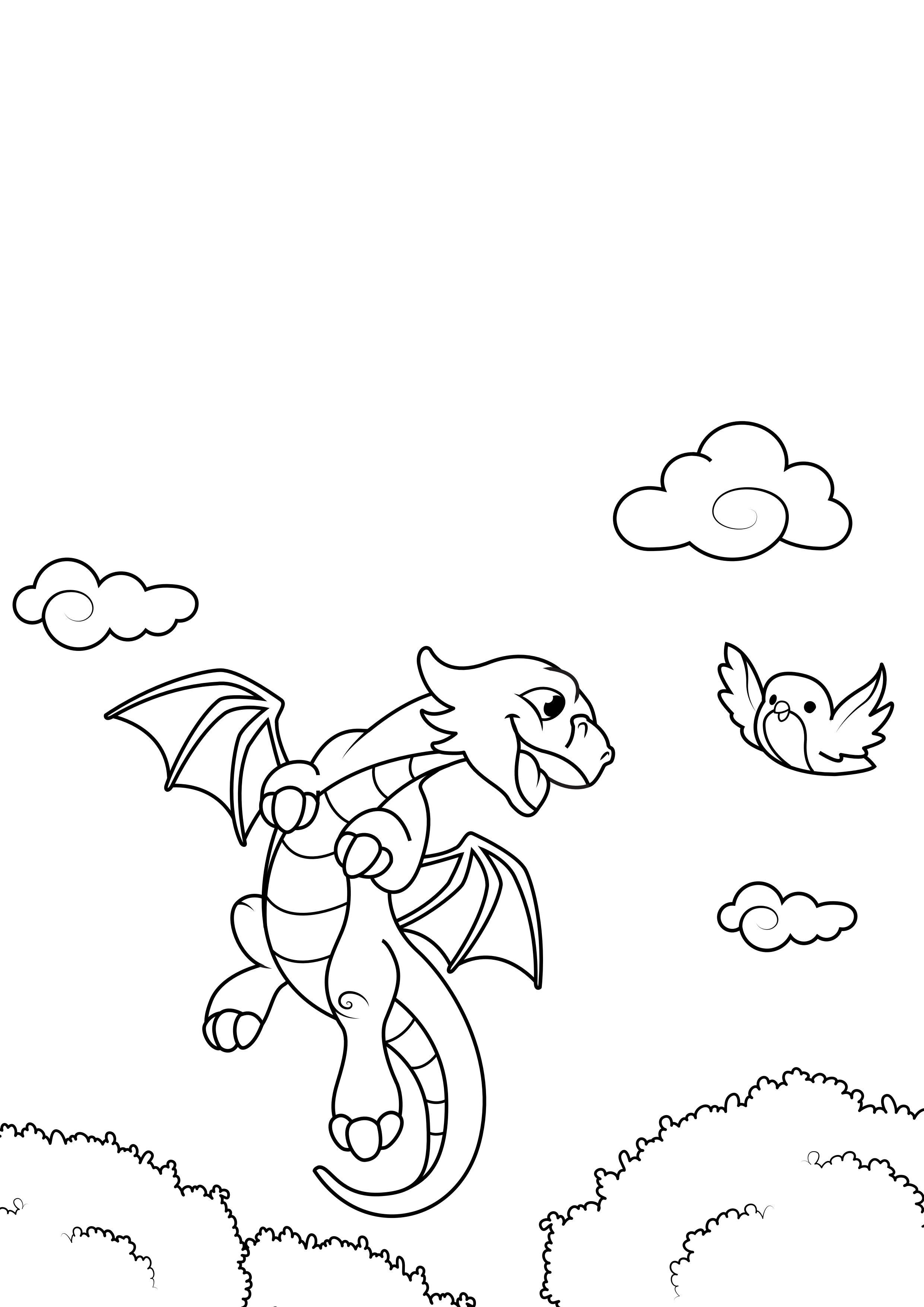 dragon vole avec oiseau Coloriage dragon vole avec oiseau