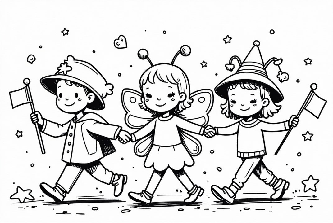 enfants avec des drapeaux au carnaval Coloriage enfants avec des drapeaux au carnaval