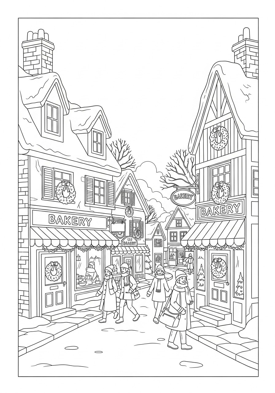 Coloriage faire du shopping dans le village