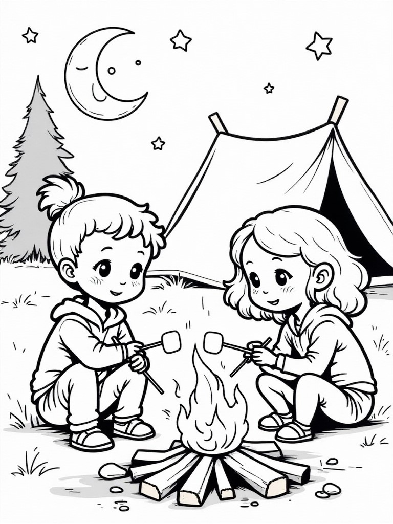 feu de camp avec des guimauves Coloriage feu de camp avec des guimauves