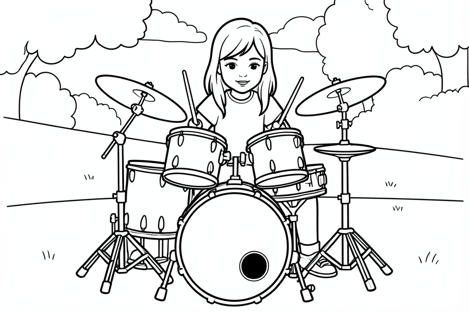Coloriage fille A  la batterie