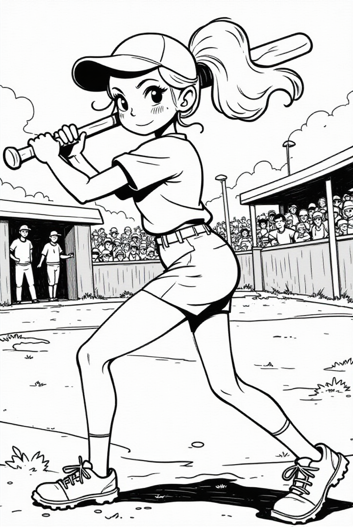 fille au match de baseball Coloriage fille au match de baseball