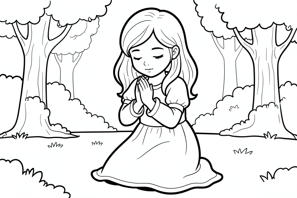 fille priant dans la nature Coloriage fille priant dans la nature