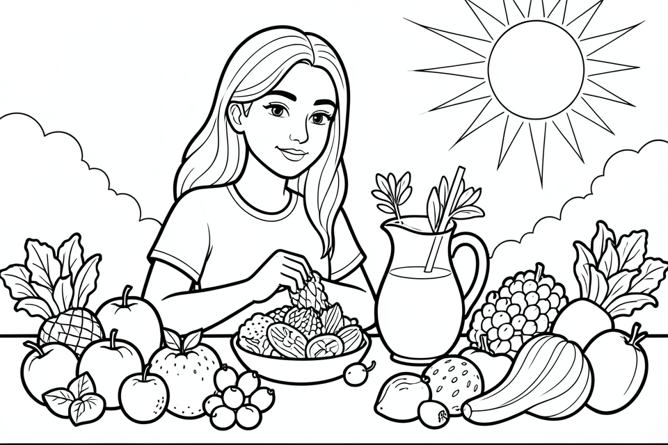 fruits et lA©gumes par une journA©e d'A©tA© Coloriage fruits et lA©gumes par une journA©e d'A©tA©