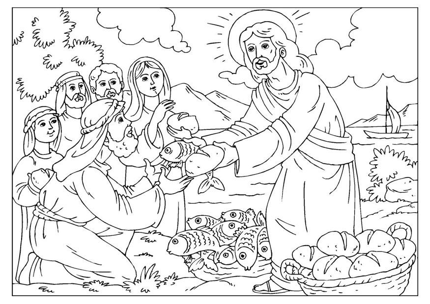jA©sus partage le pain et le poisson Coloriage jA©sus partage le pain et le poisson
