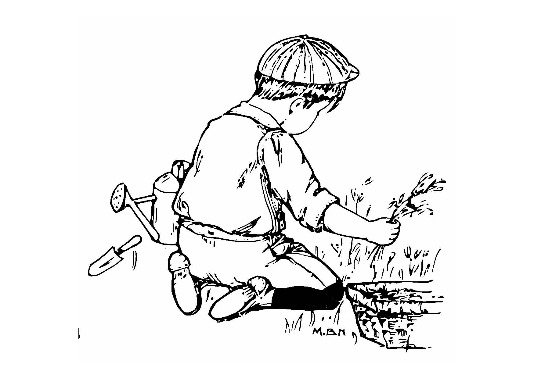 jeune homme dans le jardin Coloriage jeune homme dans le jardin