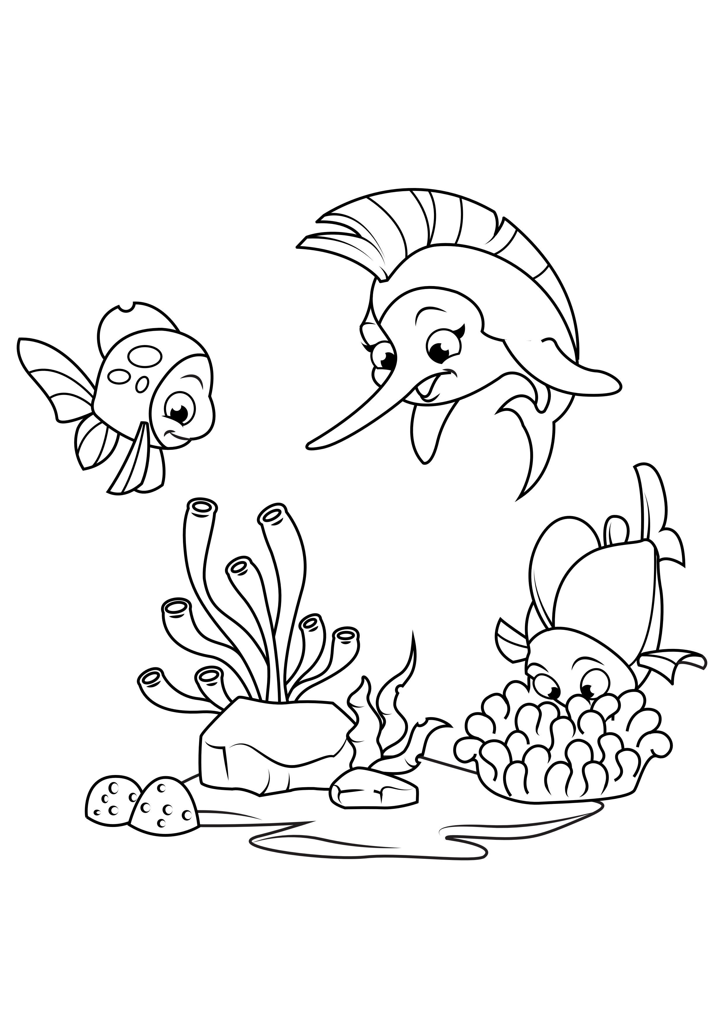 l'espadon joue avec le poisson Coloriage l'espadon joue avec le poisson