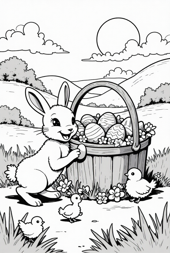 lapin de pA¢ques avec poussins Coloriage lapin de pA¢ques avec poussins