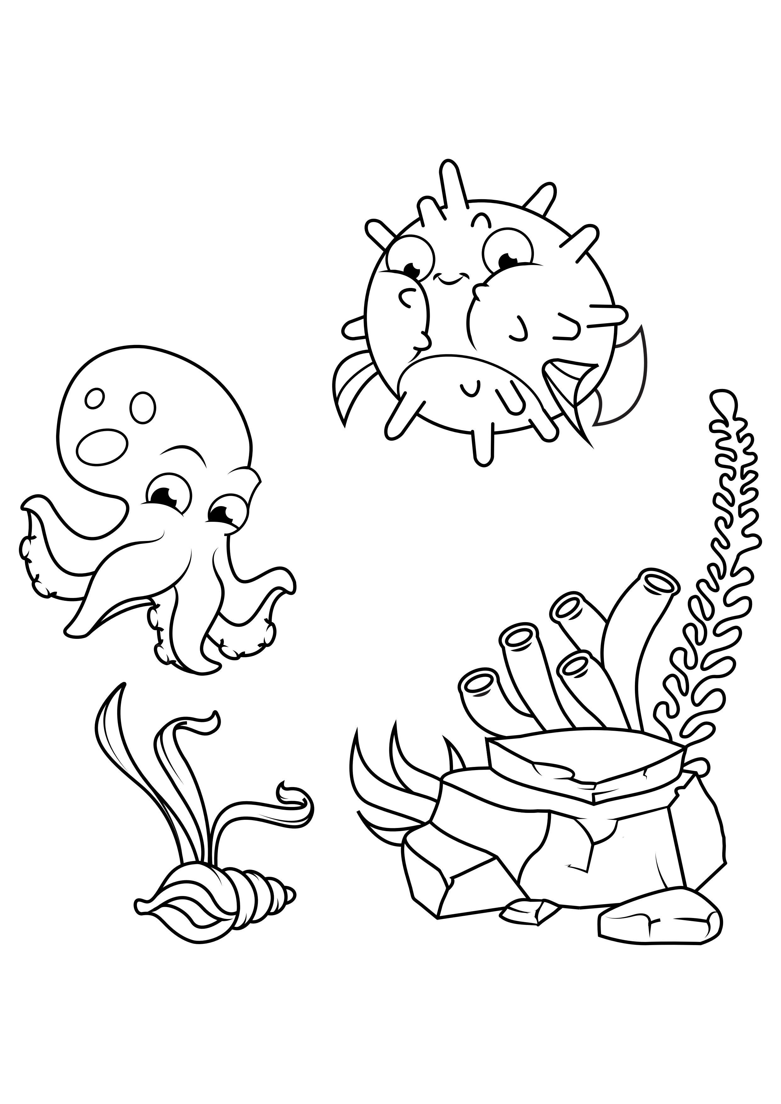 les calmars et les poissons-globe nagent Coloriage les calmars et les poissons-globe nagent
