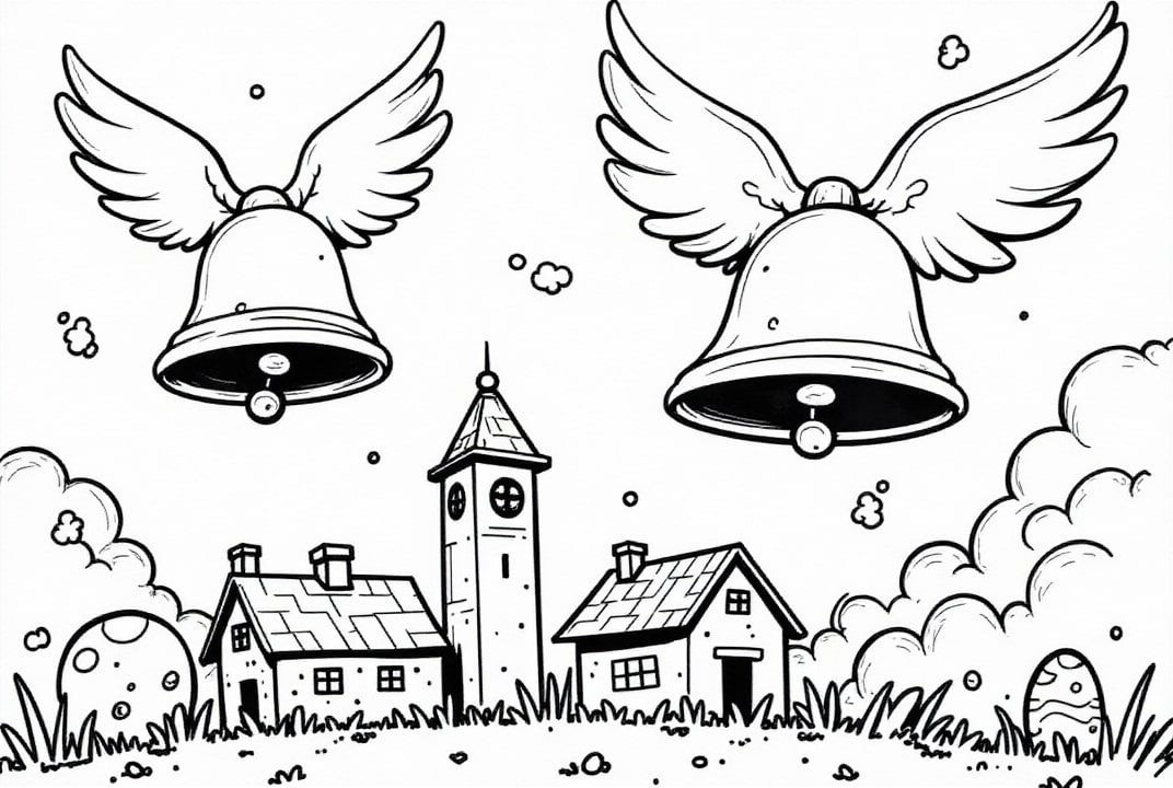 Coloriage les cloches de pA¢ques volent au-dessus du village