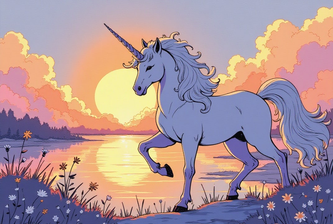 Image licorne au coucher du soleil