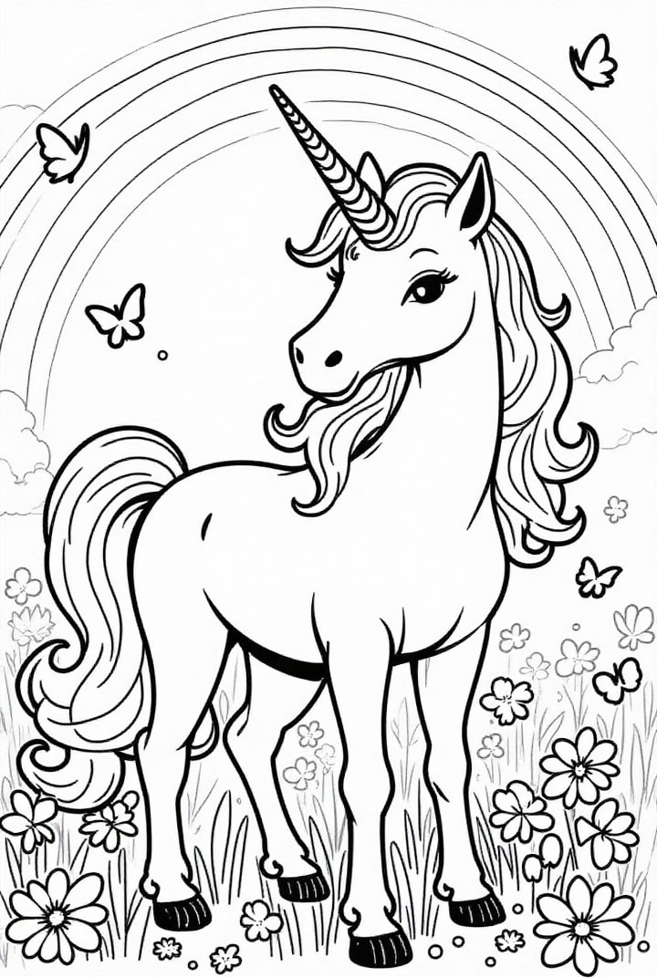 licorne dans le champ Coloriage licorne dans le champ